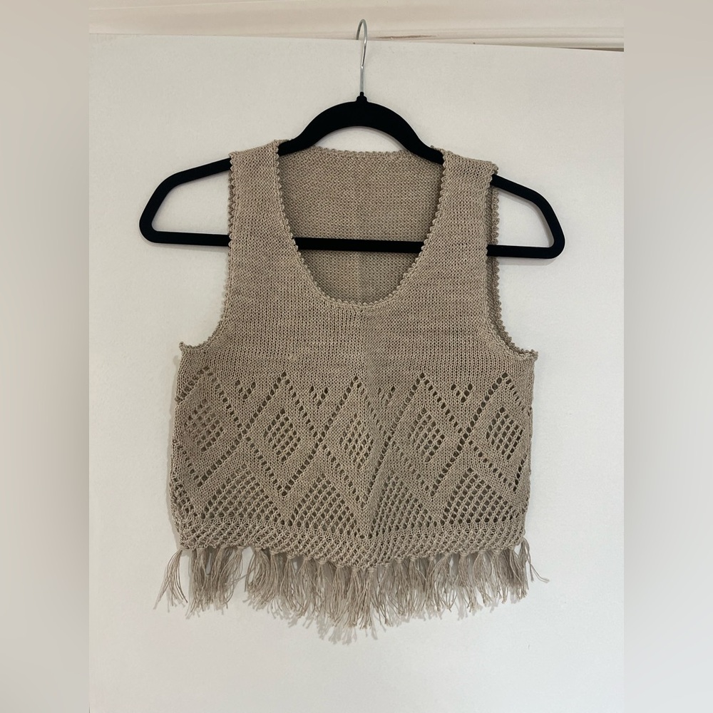 Elegant Beige Crochet Crop Top with Fringe